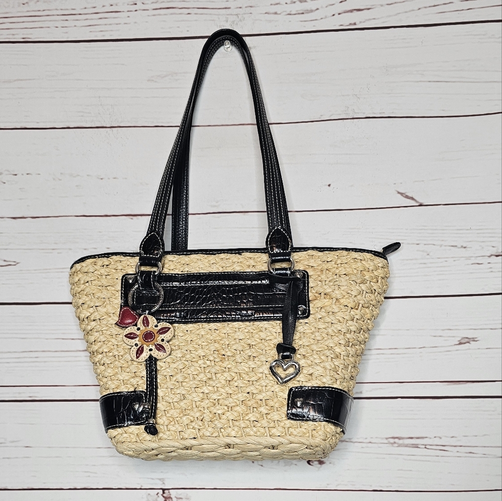 Brighton Cody Woven and Black Leather Handbag